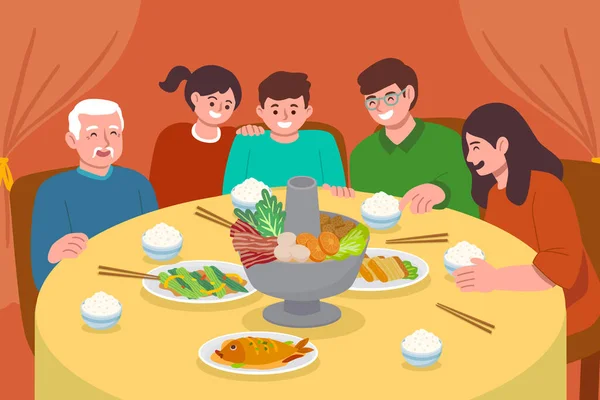 Плоский Китайский Новый Год Воссоединения Ужин Пищевой Иллюстрации Векторная Иллюстрация — стоковый вектор