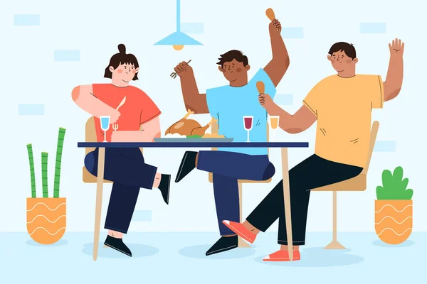 Flat Design Illustration People Eating Together Vector Illustration — Stock Vector