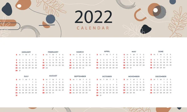 Plantilla Calendario Plano 2022 Dibujada Mano Ilustración Vectorial — Vector de stock
