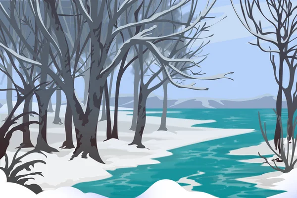 Realistische Winterlandschaft Mit Fluss Vector Illustration — Stockvektor