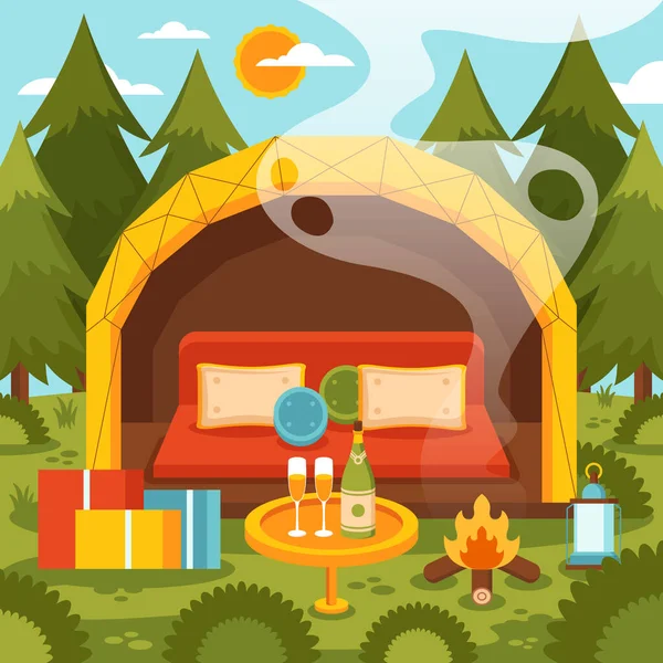 Flat Design Glamping Illustration Vector Illustration — Stock Vector