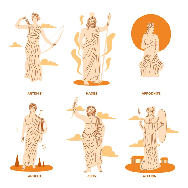 Jeu Caractères Mythologie Grecque Dessiné Main Illustration Vectorielle — Image vectorielle