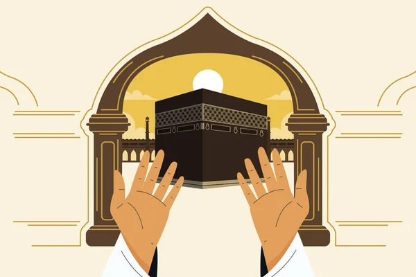 Επίπεδη Hajj Φόντο Χέρια Στη Στάση Προσευχή Διάνυσμα Εικονογράφηση — Διανυσματικό Αρχείο