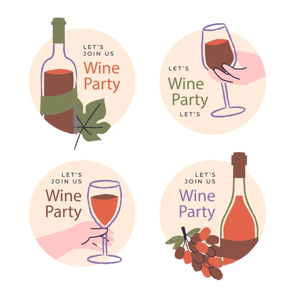 Hand Drawn Wine Party Labels Template Vector Illustration — Vetor de Stock