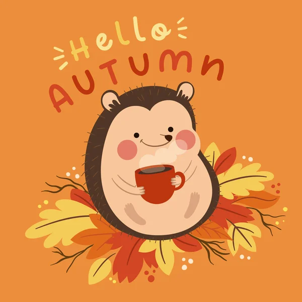 Flat Illustration Autumn Celebration Hedgehog Cup Tea Vector Illustration — Wektor stockowy