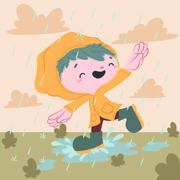 Flat Illustration Autumn Celebration Boy Running Rain Vector Illustration —  Vetores de Stock