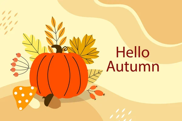 Flat Background Autumn Celebration Pumpkin Acorn Mushroom Vector Illustration — Stockvektor