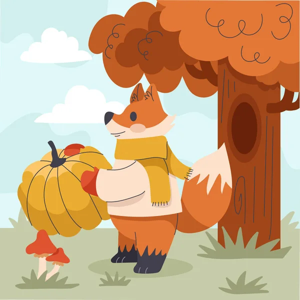 Flat Illustration Autumn Celebration Fox Scarf Holds Pumpkin His Hands — Stockvektor