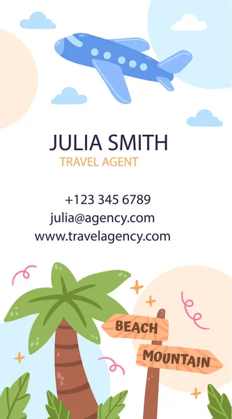 Flat Travel Agency Vertical Business Card Template Vector Illustration — Vettoriale Stock
