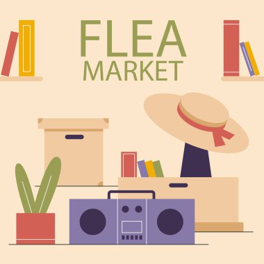 Flat posts set for second hand flea market event Vector illustration.