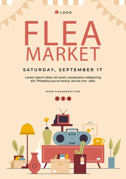 Flat Poster Template Second Hand Flea Market Event Vector Illustration — Stockvektor