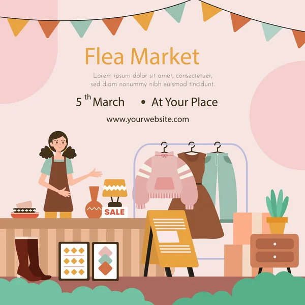 Flat Posts Set Second Hand Flea Market Event Vector Illustration — ストックベクタ