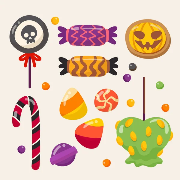 Ručně Kreslené Ploché Halloween Bonbóny Set Vektorové Ilustrace — Stockový vektor
