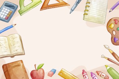 Watercolor back to school background with school supplies Vector illustration
