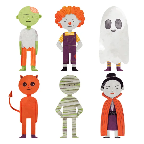 Acquerello Halloween Personaggi Set Vettoriale Illustrazione — Vettoriale Stock