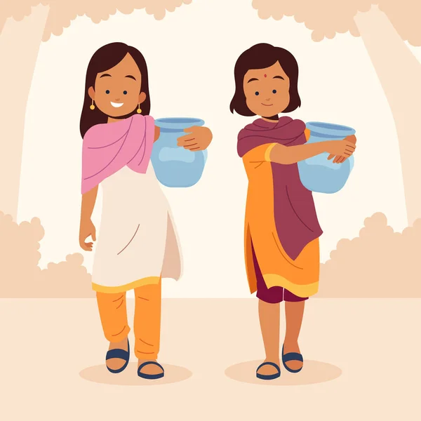 Conception Plate Femmes Indiennes Portant Des Vases Illustration Vectorielle — Image vectorielle