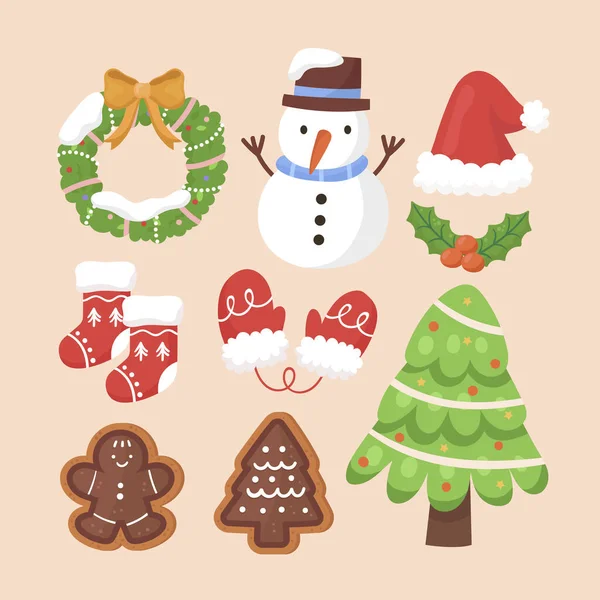 Flat Christmas Season Elements Set Vector Illustration — Stock Vector