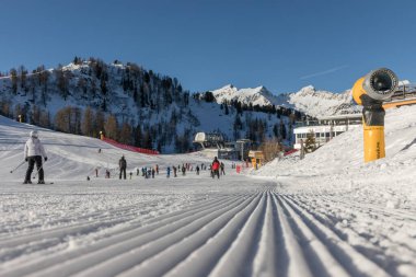 MARILLEVA. JAN 26, 2023. Rifugio Alpe Daolasa 2045m. Skiing area in the Dolomites Alps. Overlooking the Pista Mastellissima in Marilleva-Folgarida. Italy clipart