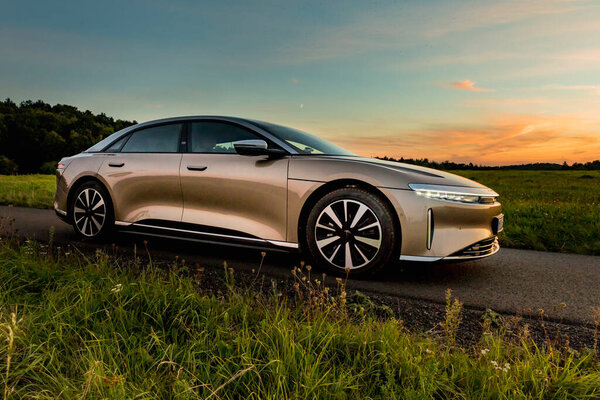 RALSKO ,CZECH REPUBLIC - 19 Sept 2023. LUCID Air. Modern LUCID Air electric car at sunset. Modern electric car LUCID.