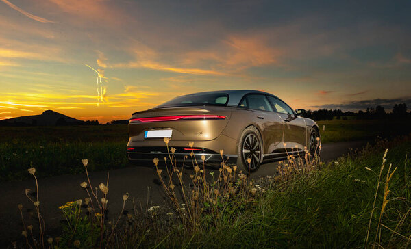 RALSKO ,CZECH REPUBLIC - 19 Sept 2023. LUCID Air. Modern LUCID Air electric car at sunset. Modern electric car LUCID.