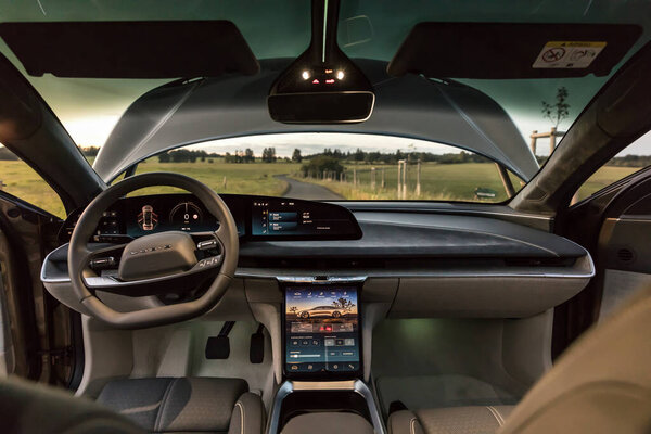 RALSKO ,CZECH REPUBLIC - 19 Sept 2023. LUCID Air. Cabin view of the lighted dashboard of the LUCID Air electric car. Illuminated dashboard of an electric car. Modern electric car LUCID.