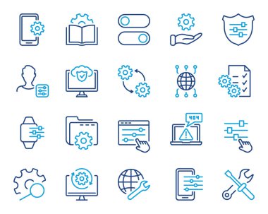 Teknik Destek, Ayarlar ve Seçenekler Renk Çizgisi Simgesi. Vites, Tornavida ve Anahtarlık Simgeleri. Ayarlar, Tamir ve Ayarlar Taslak Simgesi Ayarları. Düzenlenebilir Vuruş. İzole Vektör illüstrasyonu.