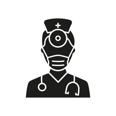 Otolaryngolog Doktor Siluet Simgesi. Stetoskoplu Otolaryngology Sıhhiye Ekibi, Ayna Glyph Black Pictogram. Kulak, Burun, Gırtlak Doktor Icon. İzole Vektör İllüstrasyonu.