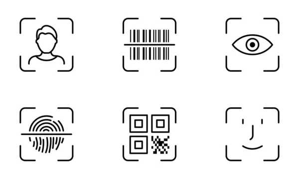 stock vector Biometric Identification by Finger Print, Eye Recognize, Touch ID Line Icon Set. Scan QR Code, Barcode Technology Pictogram. Security Protection Symbol. Editable Stroke. Isolated Vector Illustration.