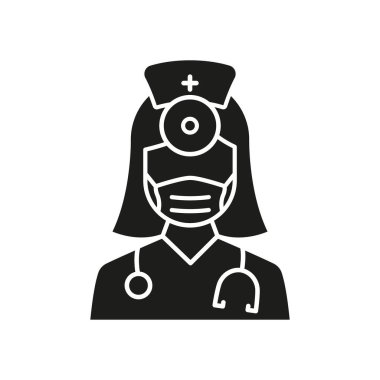 Otolaryngolog Doktor Siluet Simgesi. Stetoskoplu Otolaryngology Sıhhiye Ekibi, Ayna Glyph Black Pictogram. Kulak, Burun, Gırtlak Doktor Icon. İzole Vektör İllüstrasyonu.