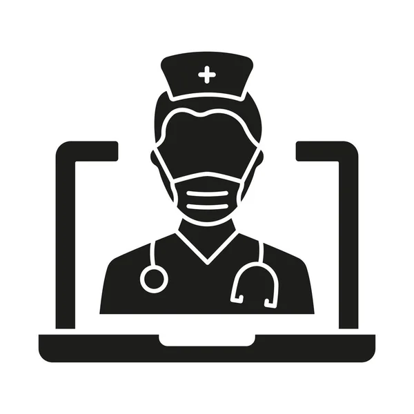 Online Digital Medicine Ikona Sylwetki Lekarz Dziedzinie Komputerowej Opieki Zdrowotnej — Wektor stockowy