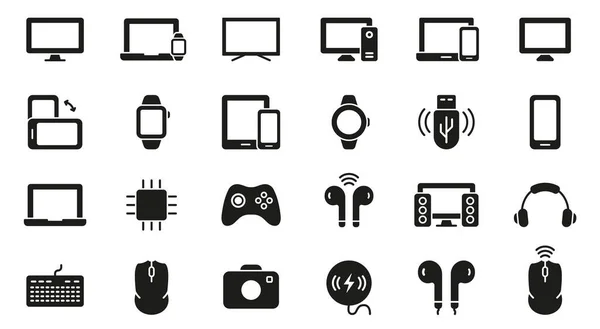 Computer Monitor Smartphone Camera Keyboard Headphone Silhouette Icon Set Electronic — Stock Vector
