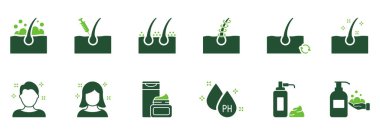 Saç Bakımı Silueti Simgeleri. Tedavi ve Saç Sorunu. Saç Bakımı ve Kayıp Sorunları. Saç Stili Renk Simgeleri için Kozmetik Ürünler. İzole Vektör İllüstrasyonu.