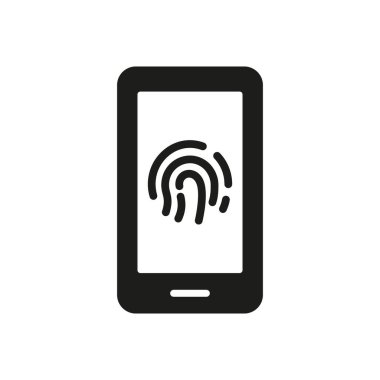 Cep telefonu siluet simgesinde parmak izi tanımlaması. Cep telefonu Glyph Pictogram 'ında dokunmatik kimlik. Akıllı Telefon Tabelasında parmak izi tarayıcısı. Biyometrik Kimlik Sembolü. İzole Vektör İllüstrasyonu.