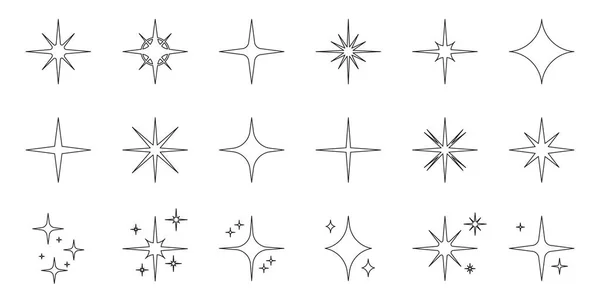 Набір Піктограм Лінії Зірки Glow Spark Flash Stars Чорна Контурна — стоковий вектор