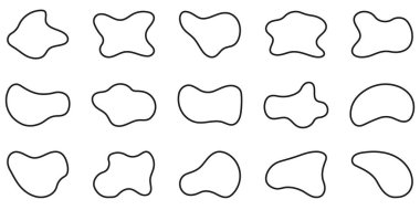 Organik Asimetrik Leke, Leke, Leke, Leke Siyah Çizgi Koleksiyonu. Beyaz Arkaplanda Serbest Form Özeti Özeti Belirlendi. Düzensiz Minimal Blob Biçimi. İzole Vektör İllüstrasyonu.