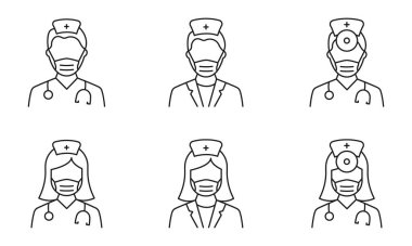 Hastane Sağlık Hizmetleri Personel Hattı Simgesi. Erkek ve Kadın Profesyonel Doktorlar Pictogram 'ı özetliyor. Hemşire, Otolaryngologist, Cerrah ikonu. İzole Vektör İllüstrasyonu.