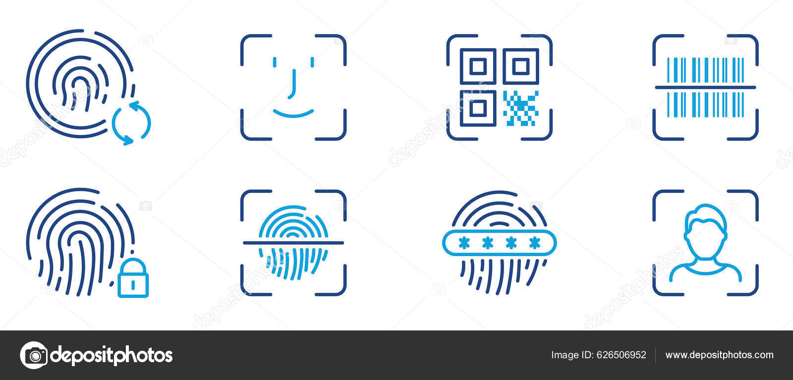 Biometrisk Identifikasjonslinje Icon Fingeravtrykkene Verification  Pictogram Passordbeskyttelse Endring Kode Strekkode stockvektor © Toxa2x2  #626506952, image size:1600x767