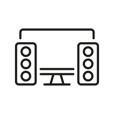 Hoparlör Satırı Simgesi ile PC. Masaüstü Bilgisayarı ve Ses Ekipmanları Doğrusal Pictogram. Kişisel Sunucu Donanımı ve Müzik Sözcüsü Özet Sembolü. Düzenlenebilir Vuruş. İzole Vektör İllüstrasyonu.