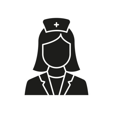 Yüz Maskesi Silueti Simgesindeki Profesyonel Doktor. Kadın Hekimler Uzmanı ve Yardımcı Glyph Black Pictogram. İzole Vektör İllüstrasyonu.