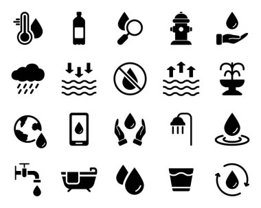 Temiz Su Silueti Siyah Simge Seti için. Su Damlası Ekoloji Sıvısı Şekil Piktogramı. Musluk, Musluk, Çeşme, Soda, Yağmur, Duş, Bath Saflık Su Sembolü. İzole Vektör İllüstrasyonu.