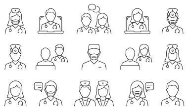 Doktor Hattı Simgesi Ayarlandı. Sıhhiye Uzmanları ve Hasta Danışmanlığı Doğrusal Pictogram. Çevrimiçi Tıbbi Destek Taslak Simgesi. Tıp Bilgileri Konuşma Balonu. Düzenlenebilir Vuruş. İzole Vektör İllüstrasyonu.