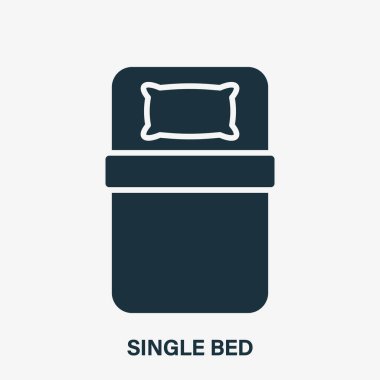  Hotel Room Silhouette Simgesi 'nde tek kişilik yatak. Yatak odası kabartması için yastıklı tek yatak. Evde, hastanede, Motel Icon 'da gece uykusu mobilyası. İzole Vektör İllüstrasyonu.