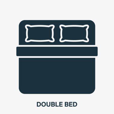 Yatak odası silueti ikonu için çift kişilik yastıklı yatak. Yatak odasındaki duble yatak kabartması Pictogram. Evde, hastanede, Motel Icon 'da gece uykusu mobilyası. İzole Vektör İllüstrasyonu.