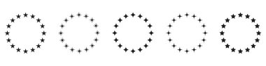 Çember Şeklinde Yıldızlar Siluet Simgesi Ayarlandı. Beyaz Arkaplanda Dairesel Dekor Simgesi Simgesi. Black Stars Pictogram 'lı Modern Yuvarlak Ödül Çerçevesi. İzole Vektör İllüstrasyonu.