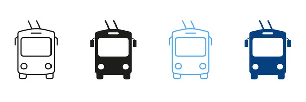 Linha Ônibus Carrinho Conjunto Ícones Cor Silhueta Trolley Bus Front — Vetor de Stock