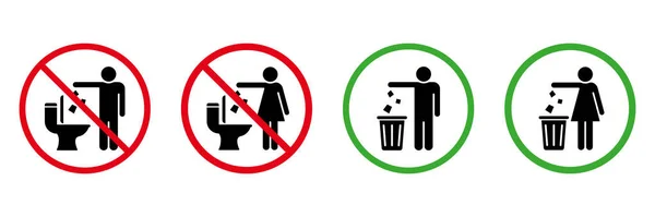 Κρατήστε Καθαρή Τουαλέτα Silhouette Icon Set Επιτρέπεται Πετάς Σκουπίδια Σκουπίδια — Διανυσματικό Αρχείο