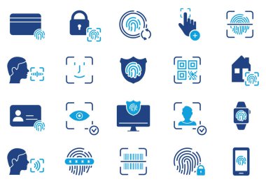 Fingerprint, Facial Identity in Mobile Phone, Computer Silhouette Icon Set. Touch ID, Face ID Pictogram. Biometric Identification Symbol. Security Password Color Sign. Isolated Vector Illustration.