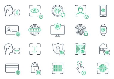 Biyometrik Tanımlama Satır Simgesi Ayarlandı. Yüz Kimliği, Dokunmatik Kimlik Renk Resimleri. Parmak izi, Yüz Kimliği Parolası Özet Sembolü. Güvenlik doğrulaması. Düzenlenebilir Vuruş. İzole Vektör İllüstrasyonu.