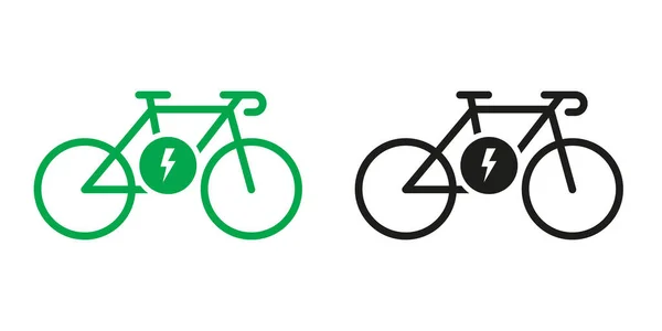 电动自行车 电子能量绿色和黑色象形文字集的生态传输 生态混合自行车图标 电单车签名 生态电动势轮廓图标 孤立的病媒图解 — 图库矢量图片