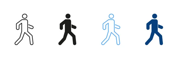 Pedestrian Walking Street Person Run Line Silhouette Color Icon Set — Stock Vector